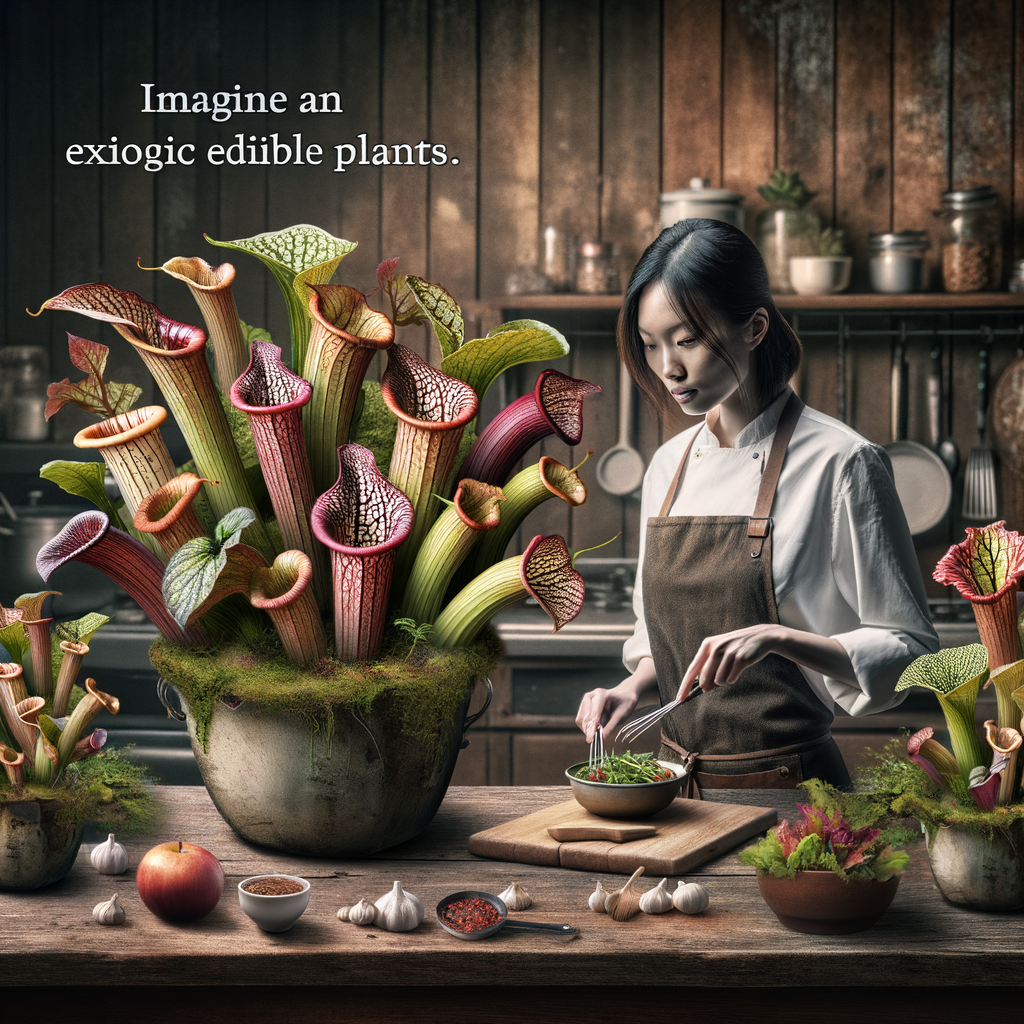 Chef preparing a recipe with edible pitcher plants in a rustic kitchen, showcasing the unique culinary uses and varieties of pitcher plants in cuisine, embodying the exploration of exotic edible plants and unique culinary curiosities.