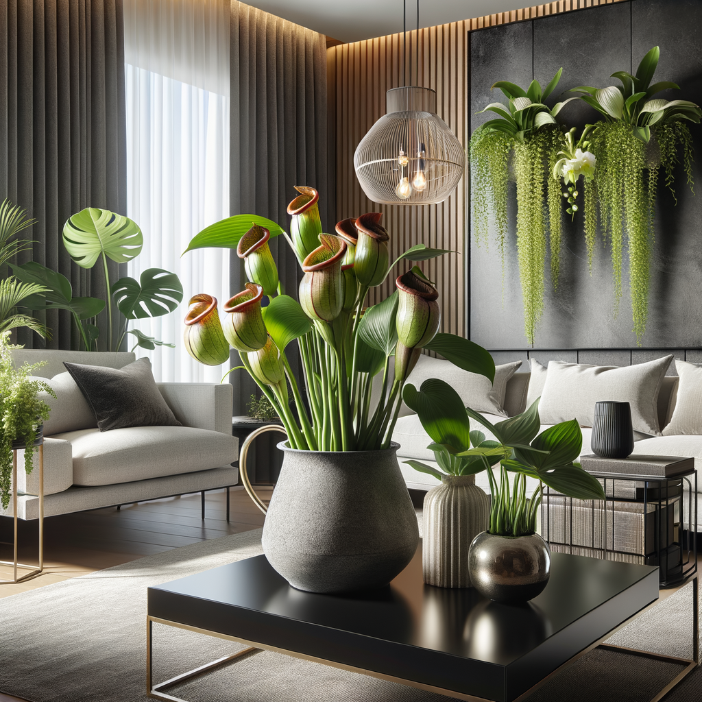 Elegant living room showcasing stylish home decor with unique indoor pitcher plants, highlighting pitcher plant aesthetics in interior design.