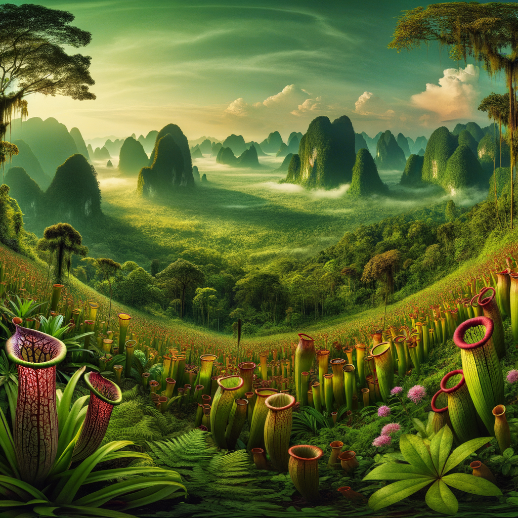 Panoramic view of Asian Pitcher Plant habitats in lush, wild Asian landscapes, showcasing the intricate ecosystem and inviting discovery of diverse Asian flora.