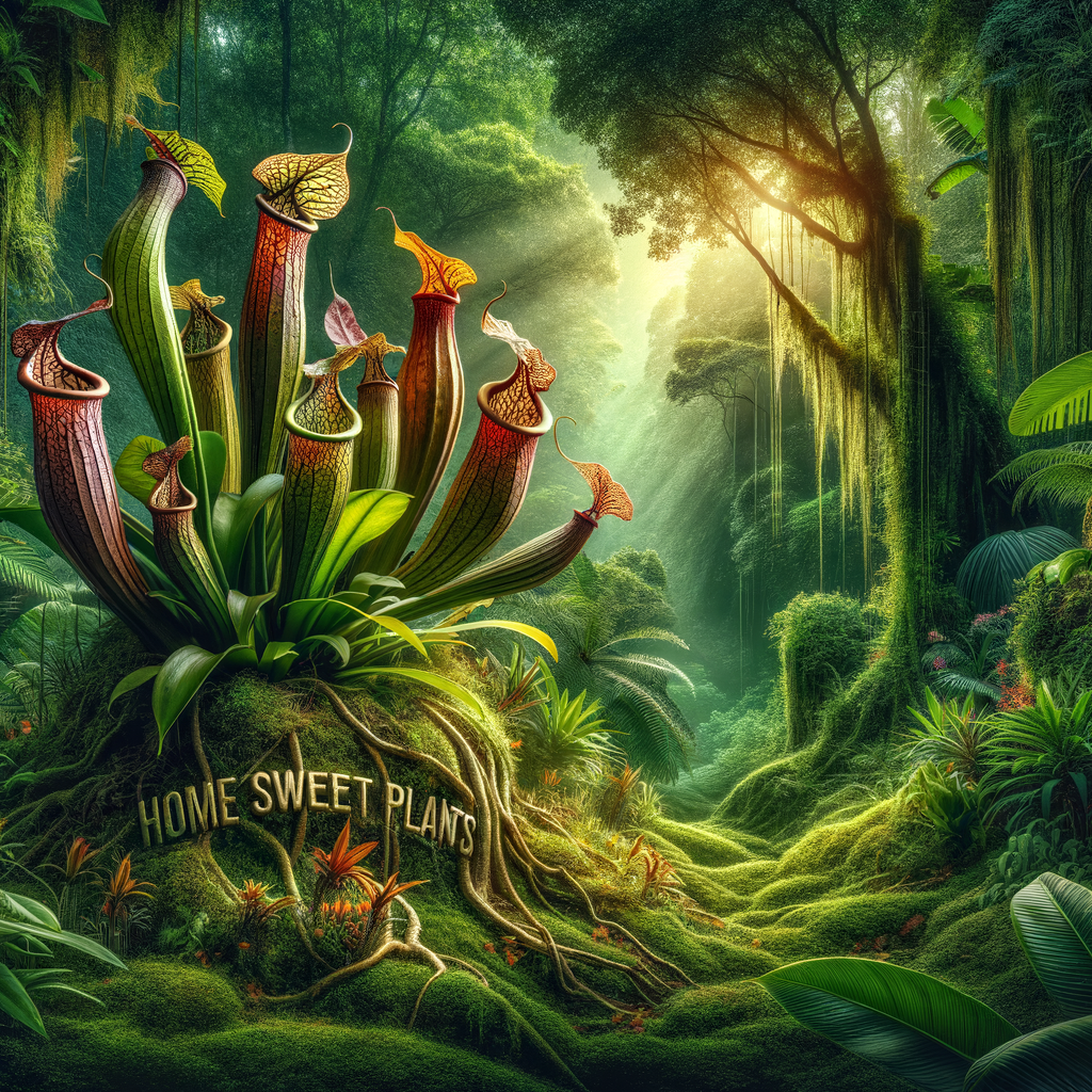 Vibrant depiction of Asian Pitcher Plants in their natural habitats within a lush tropical rainforest, illustrating the concept of 'Home Sweet Home Plants'.