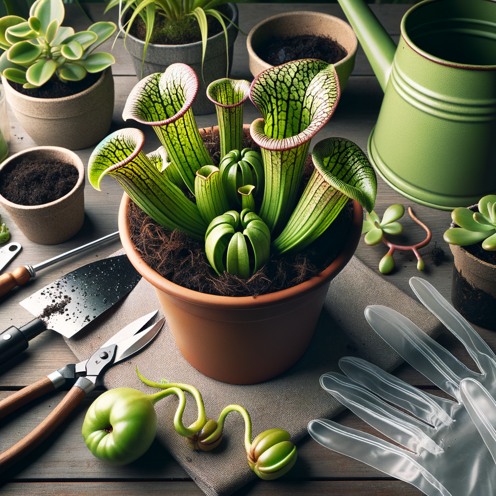 Close-up of a thriving pitcher plant outgrowing its pot, indicating it's time for a plant upgrade, with tools for repotting house plants subtly highlighted, emphasizing indoor plant care and pitcher plant maintenance.