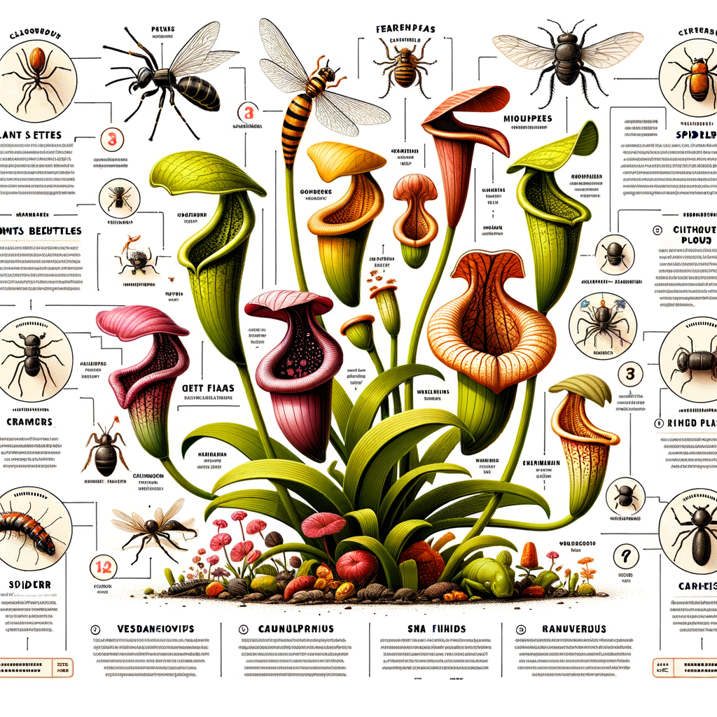 Infographic illustrating the carnivorous Pitcher Plants diet, showcasing insects and fish food consumed, highlighting the unique feeding habits and nutrition of these plants for a better understanding of what Pitcher Plants eat.