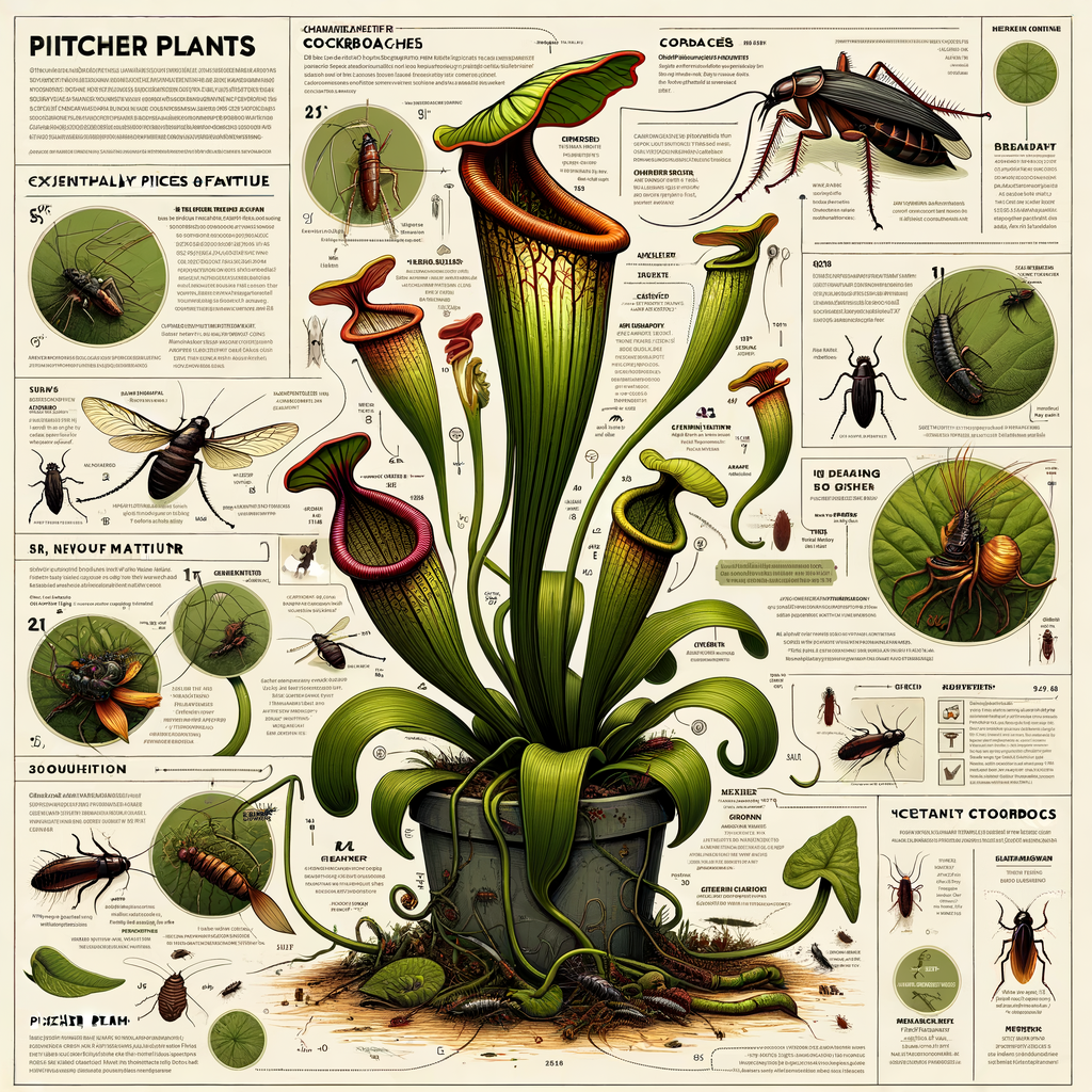 Infographic highlighting Pitcher Plants facts, their insectivorous nature, role in attracting cockroaches, debunking myths about these carnivorous plants, and their potential use in cockroach control.