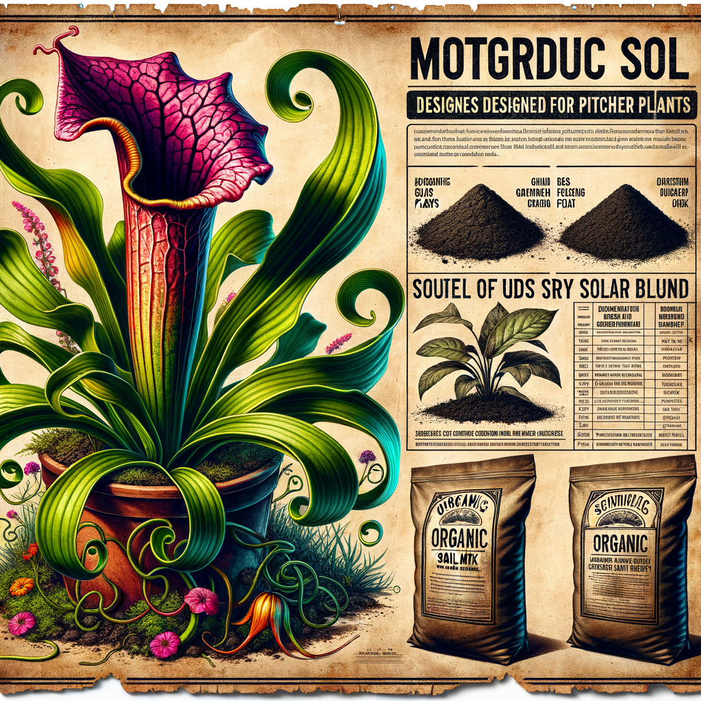 Healthy pitcher plant thriving in the best soil mix for pitcher plants, with organic soil bags, pitcher plant care guide, and a comparison chart of soil blends for optimal pitcher plant growing conditions.