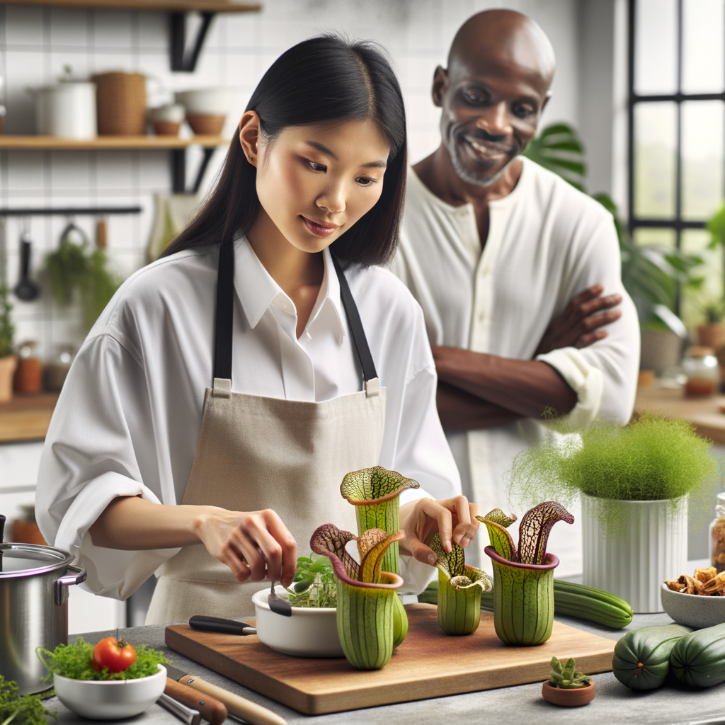 Professional chef preparing pitcher plant recipes in a modern kitchen, showcasing garden to table cuisine and culinary uses of edible pitcher plants