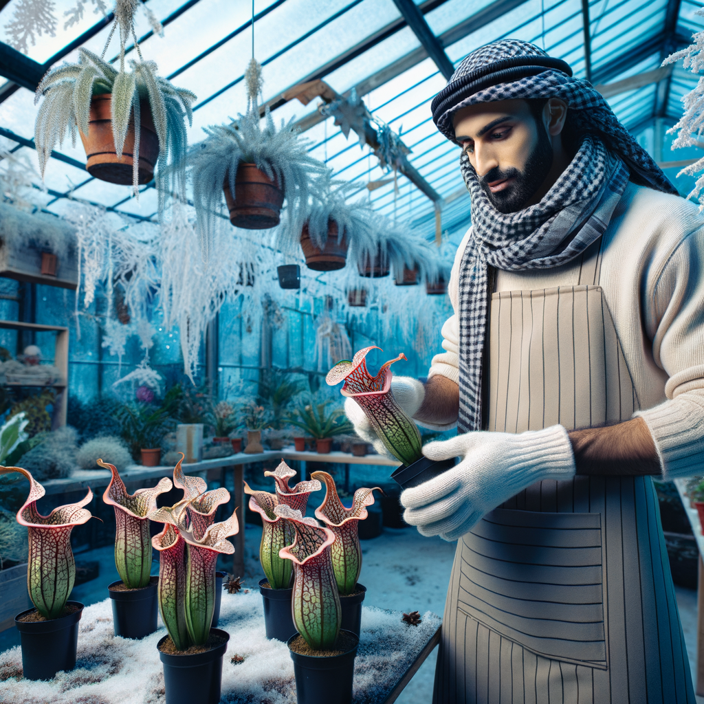 Professional gardener demonstrating winter plant care techniques for maintaining indoor pitcher plants in a winter wonderland-themed greenhouse during chilly months.