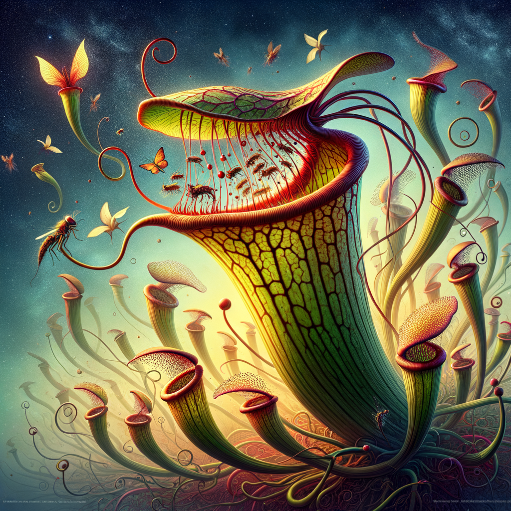 Vivid illustration of carnivorous pitcher plants showcasing their unique predatory behavior and prey capture mechanism, providing insight into the fascinating world of plant predation.