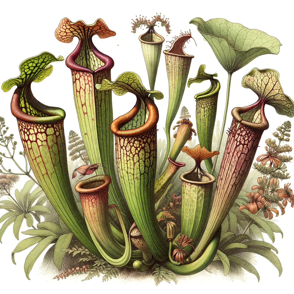 Scientific illustration of the unique physical characteristics and carnivorous adaptations of Asian Pitcher Plants, showcasing their form and function within the context of Asian flora.